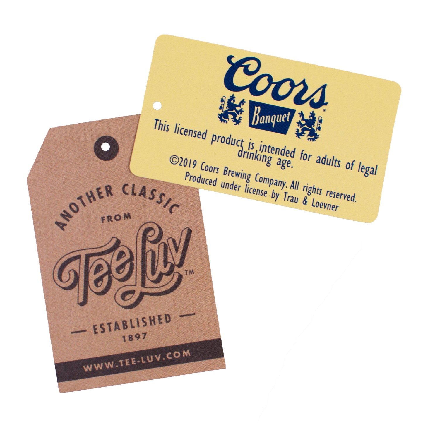 Two product tags, one from Coors Banquet and one from Tee Luv, on a white background.