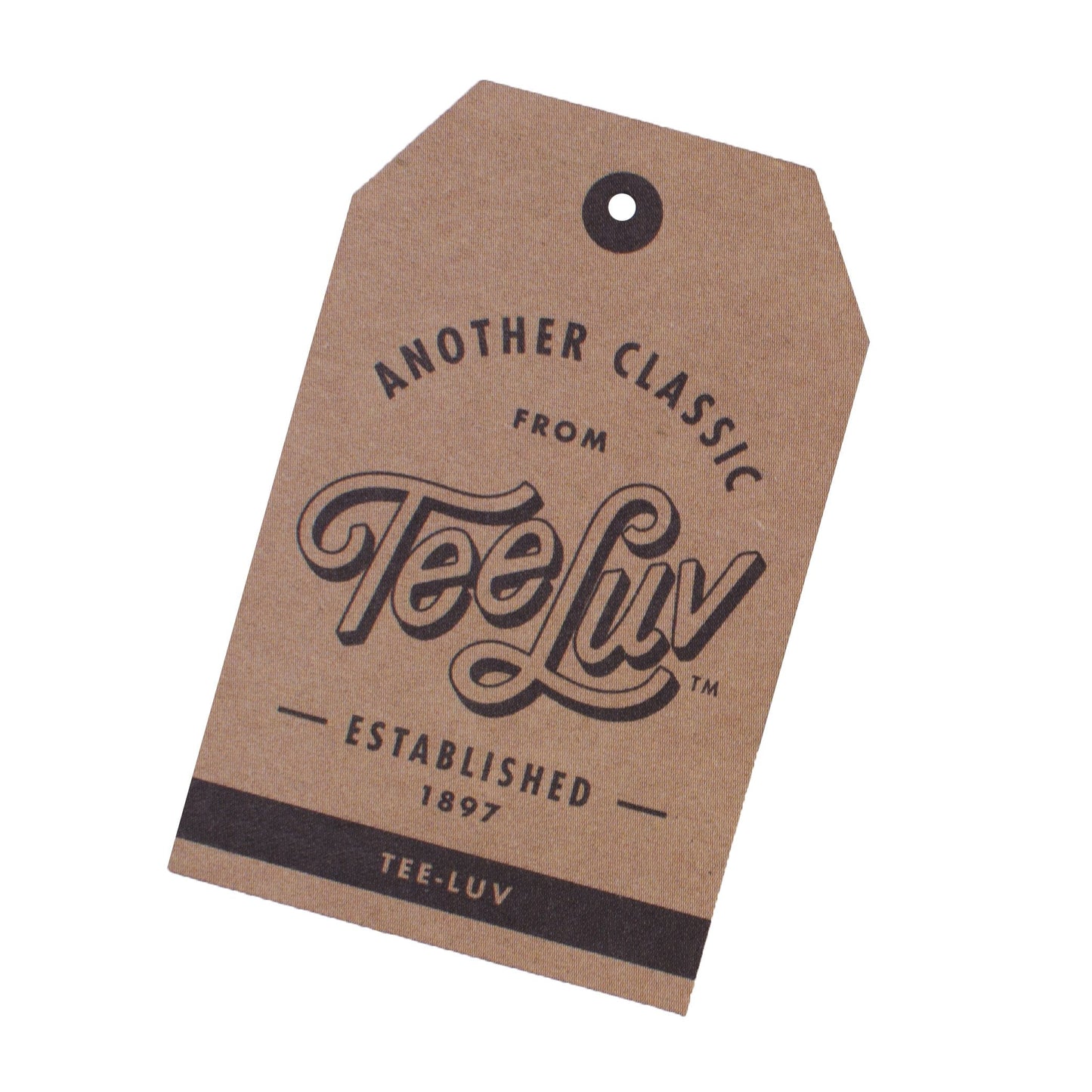 Kraft paper tag with 'TeeLuv' branding on a white background