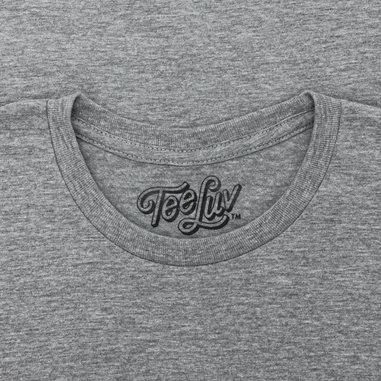 Gray t-shirt with 'Tee Luv' logo on the collar