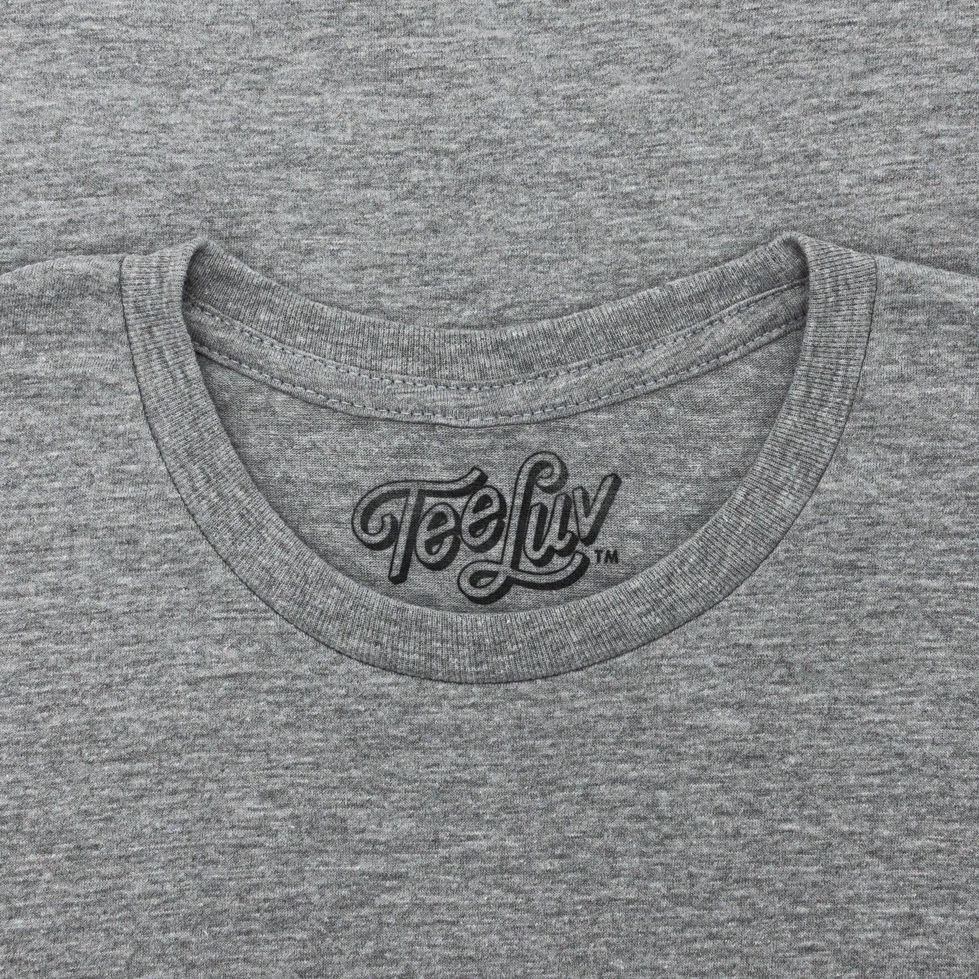 Gray t-shirt with 'Tee Luv' logo on the collar