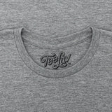 Gray t-shirt with 'Tee Luv' logo on the collar