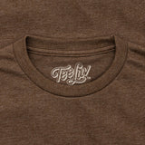 Brown t-shirt with 'TeeLuv' logo on the collar
