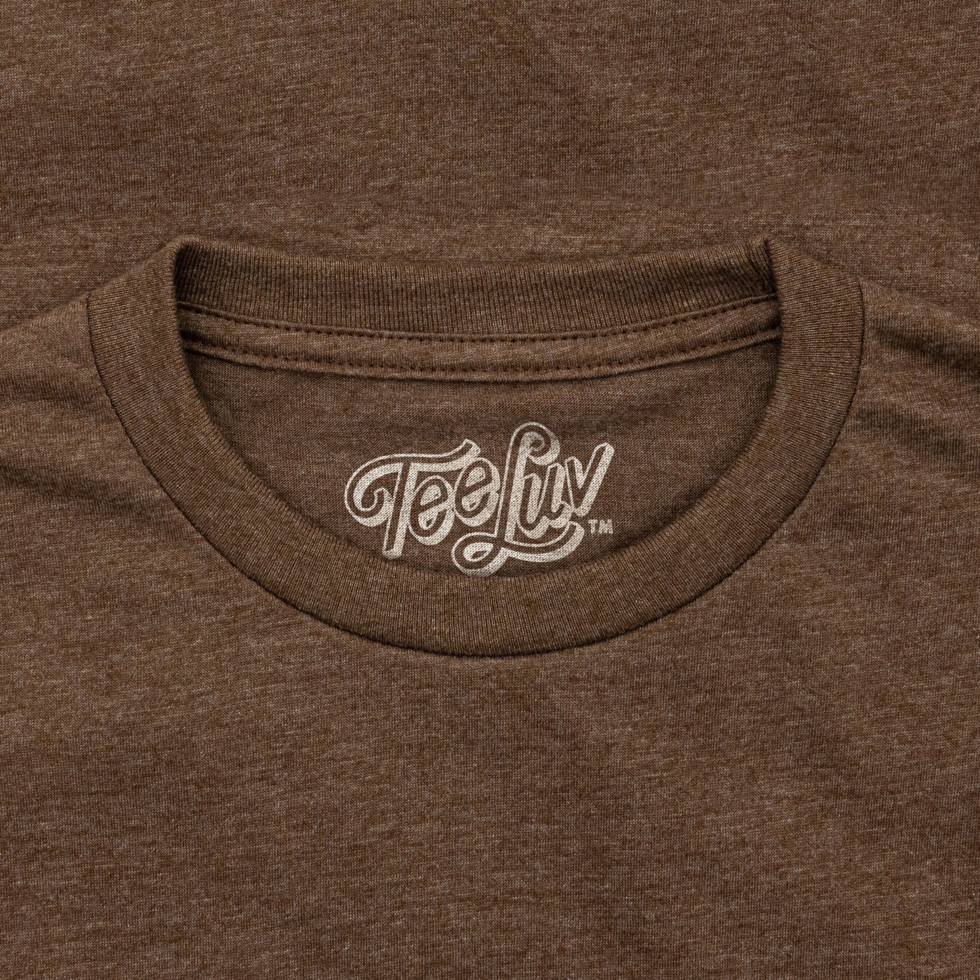 Brown t-shirt with 'TeeLuv' logo on the collar