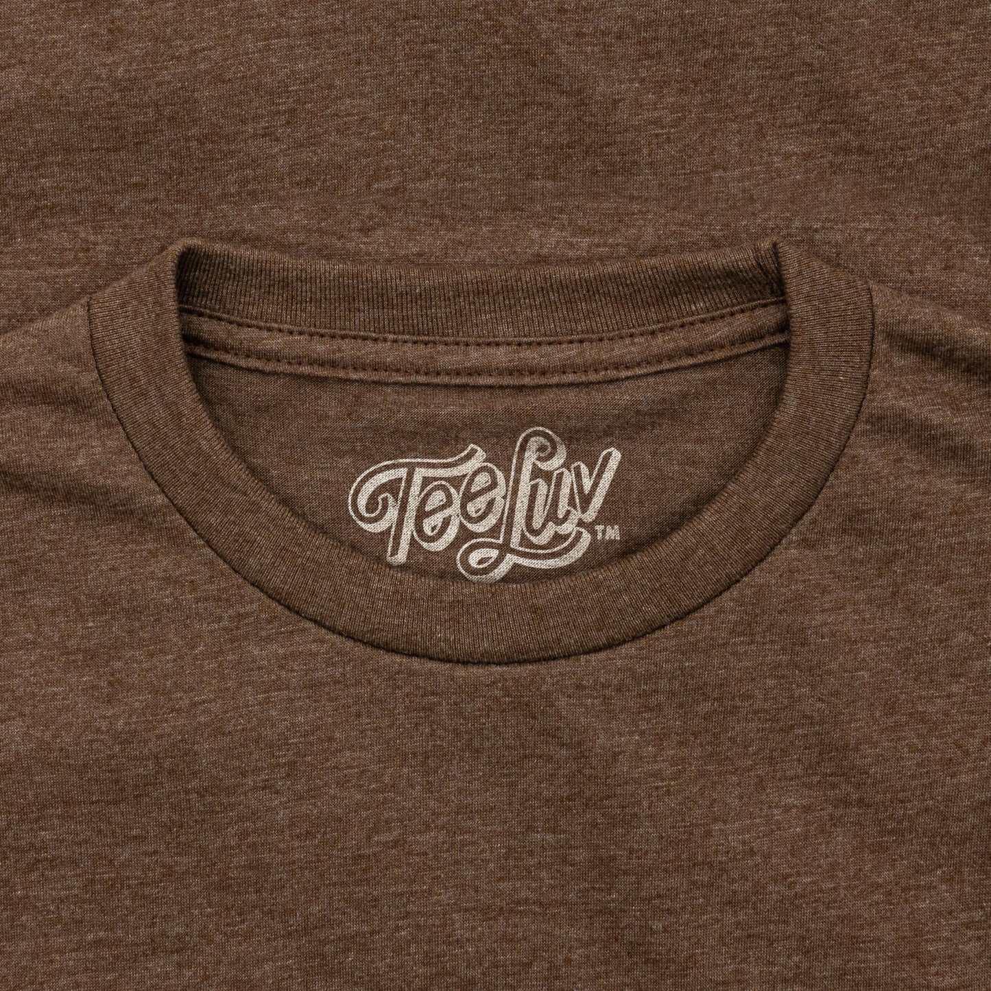 Brown t-shirt with 'TeeLuv' logo on the collar