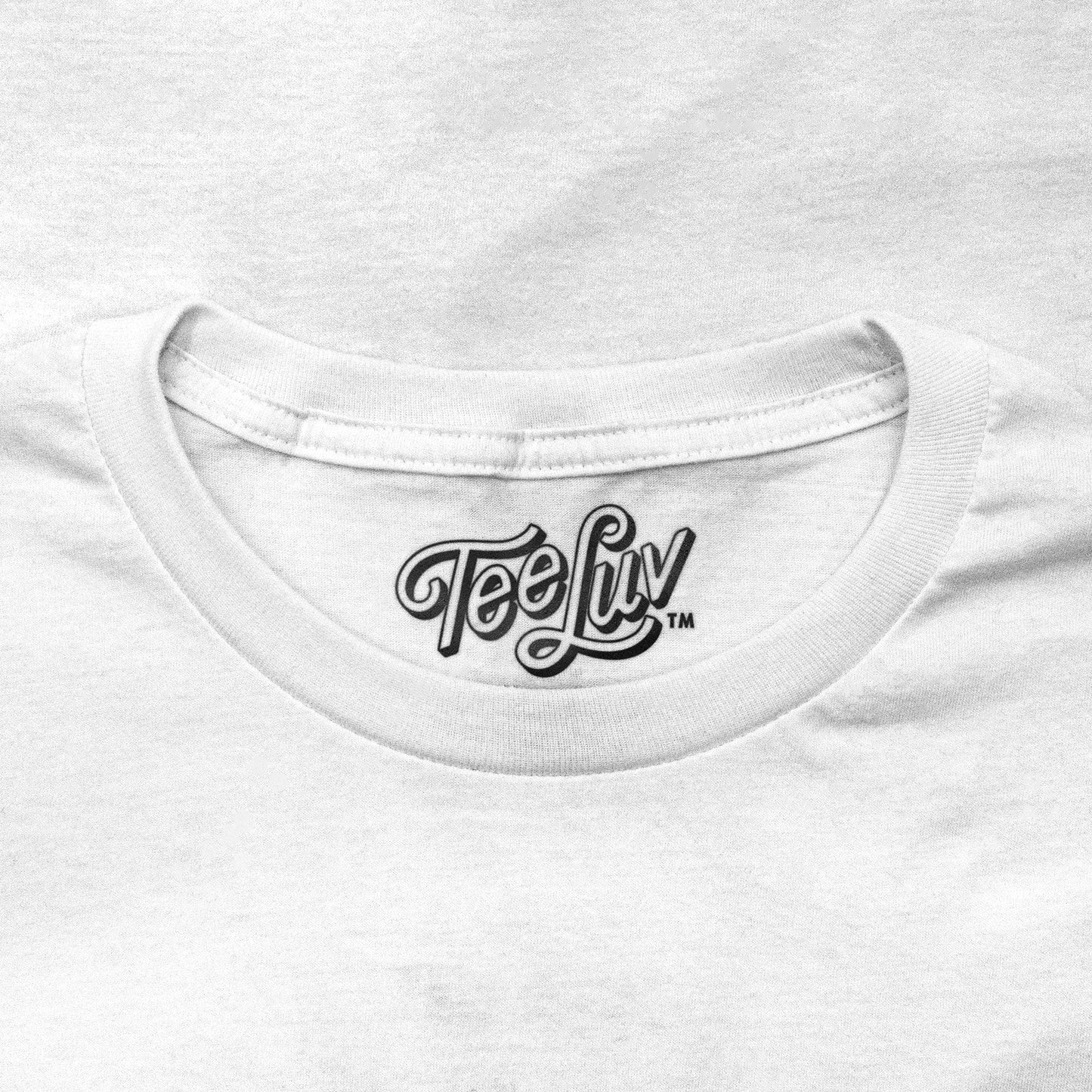 White t-shirt with 'Tee Luv' logo on the collar