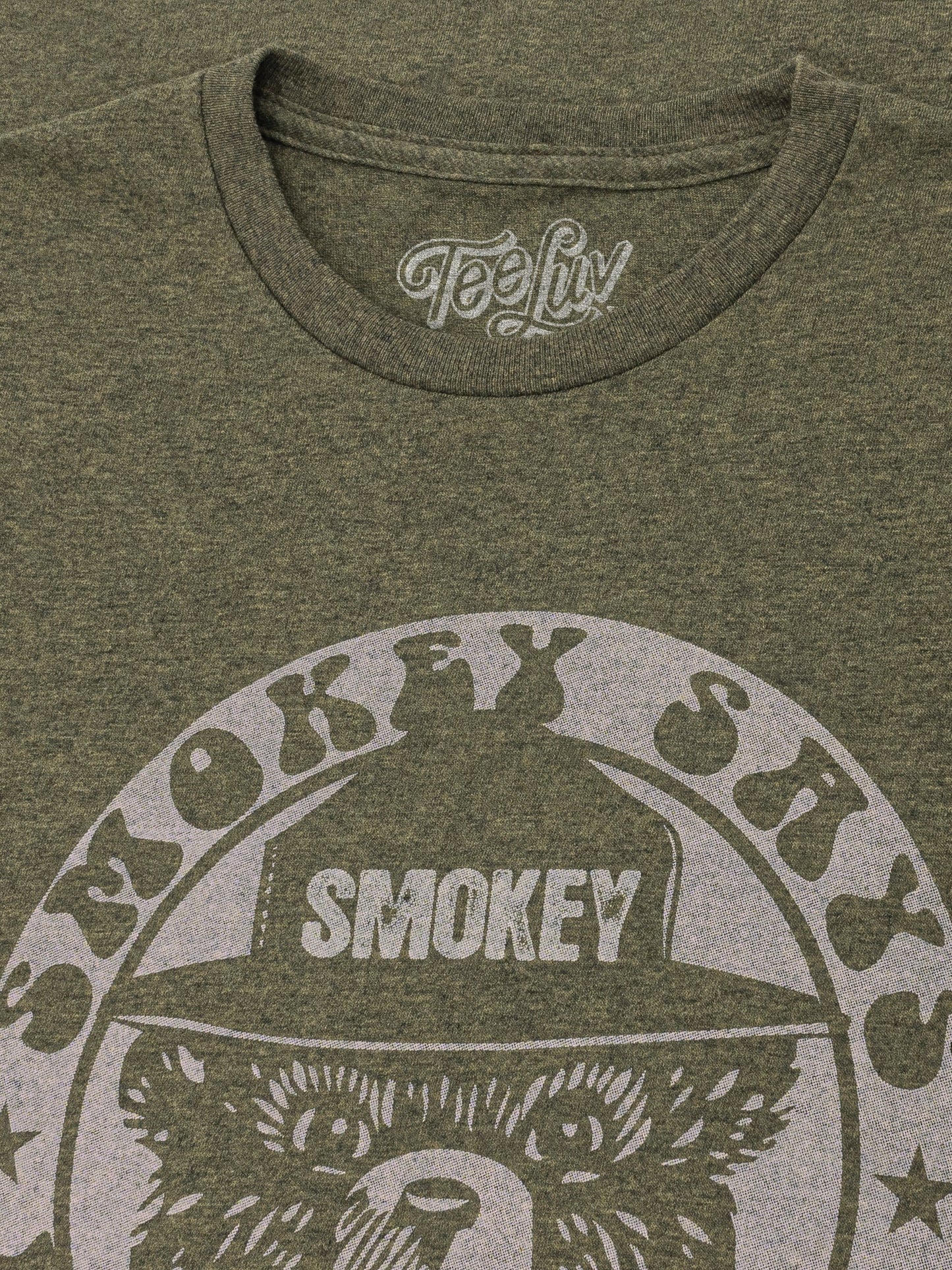 Green t-shirt with 'Smokey Skys' graphic design and 'Teefly' branding.