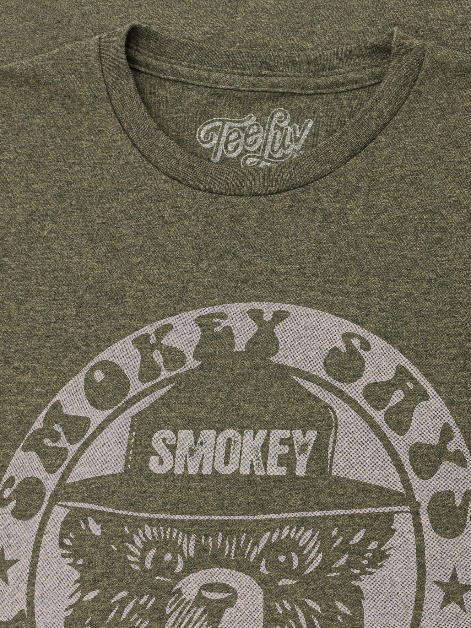 Green t-shirt with 'Smokey Skys' graphic design and 'Teefly' branding.