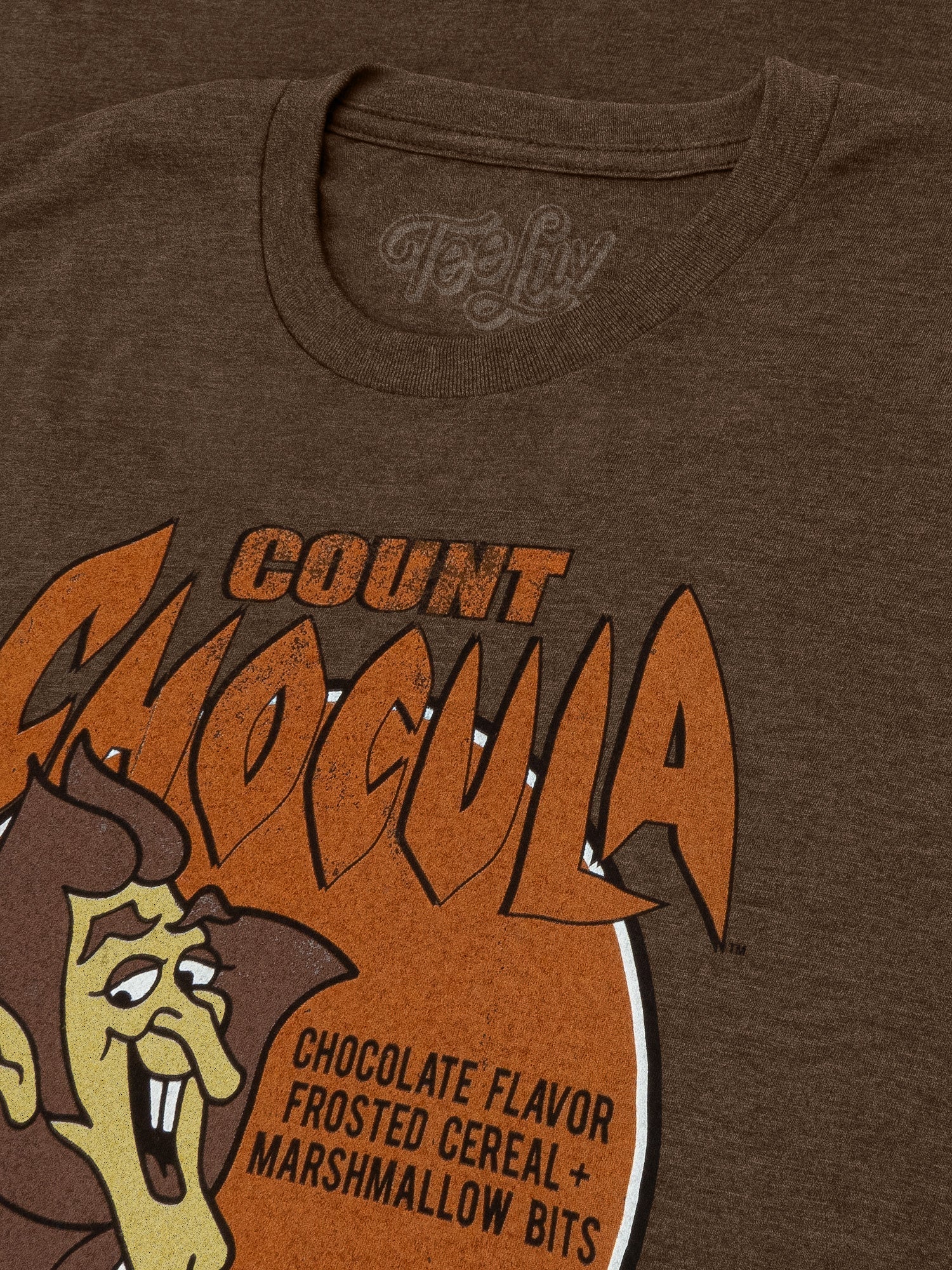 Brown t-shirt with 'Count Chocula' design featuring a cartoon character and text.
