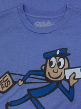 Blue t-shirt with a cartoon postal worker holding a package and a bottle labeled 'US Mail'.