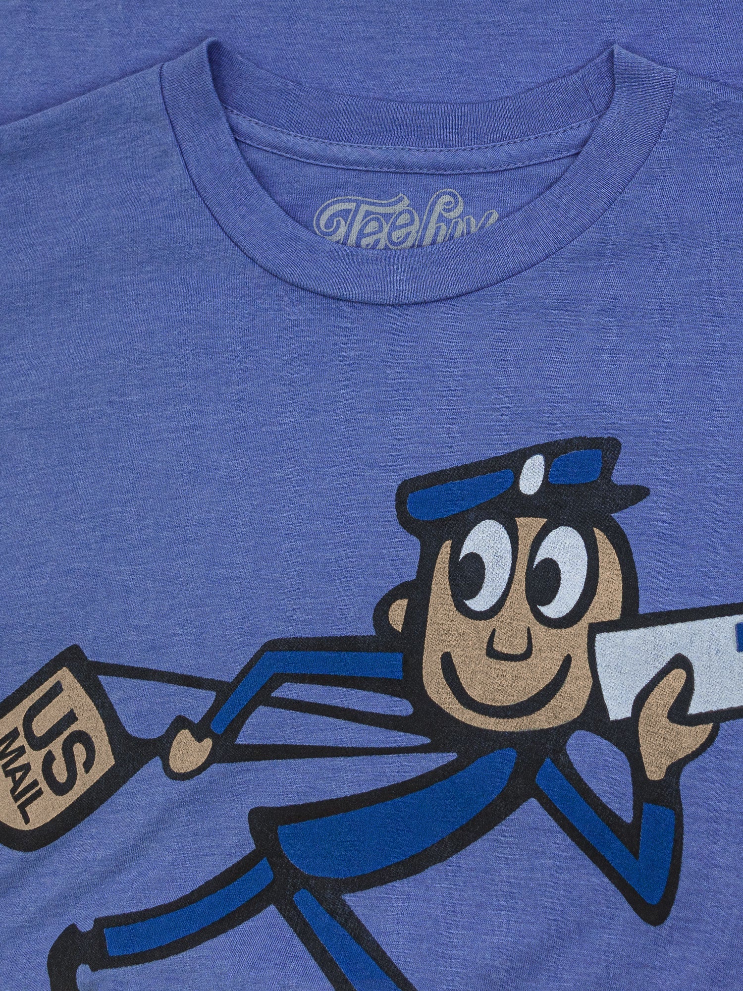 Blue t-shirt with a cartoon postal worker holding a package and a bottle labeled 'US Mail'.