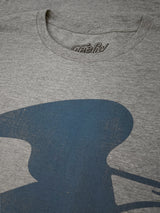 Gray t-shirt with a blue graphic design on a plain background