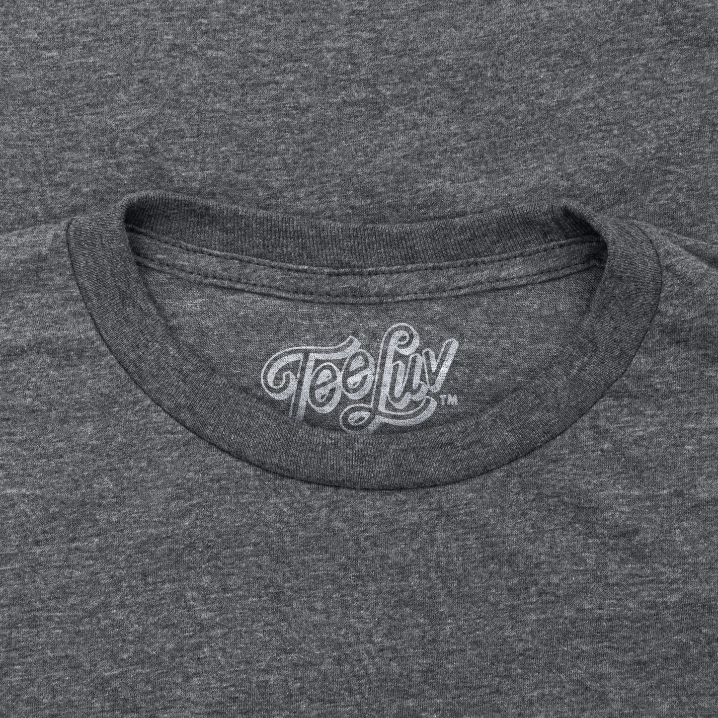 Gray t-shirt with 'Tee Liv' logo on the collar
