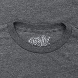 Gray t-shirt with 'Tee Liv' logo on the collar