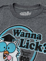 Gray t-shirt with cartoon character and 'Wanna Lick?' text on a dark background