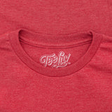 Red t-shirt with 'Tee Luv' logo on the collar