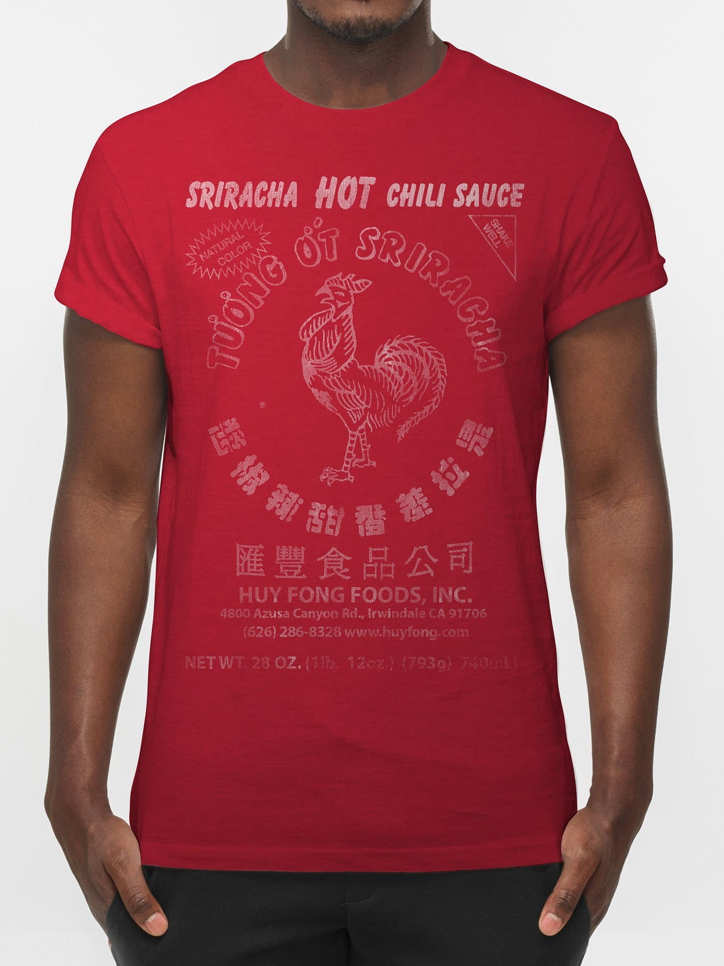 Red t-shirt with Sriracha Hot Chili Sauce branding on a white background
