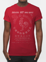 Red t-shirt with Sriracha Hot Chili Sauce branding on a white background