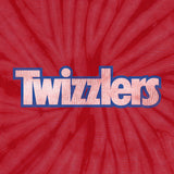 Red tie-dye shirt with 'Twizzlers' logo in white and blue.
