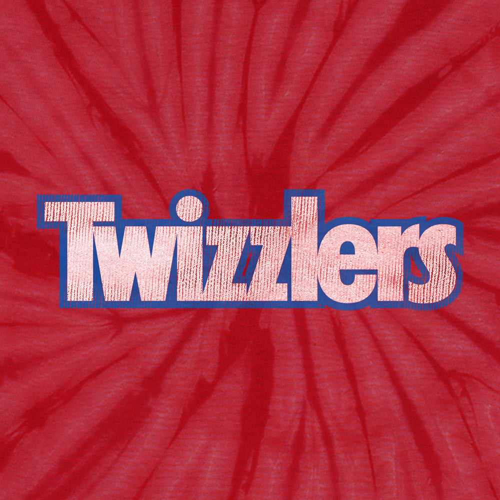 Red tie-dye shirt with 'Twizzlers' logo in white and blue.