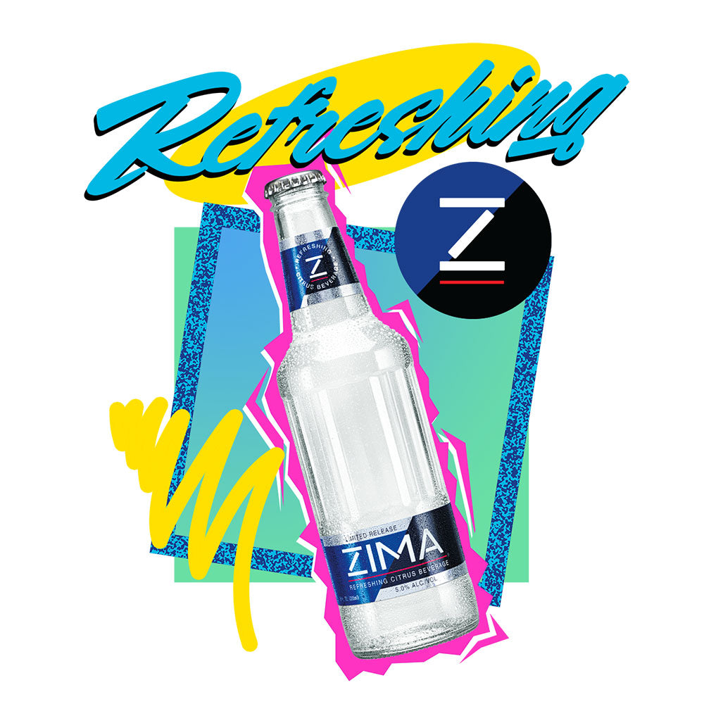 Zima bottle with colorful abstract design and 'Refreshing' text on a white background