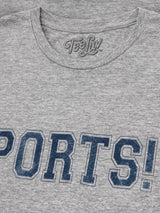 Gray t-shirt with blue 'SPORTS!' text and 'TeeLily' branding.