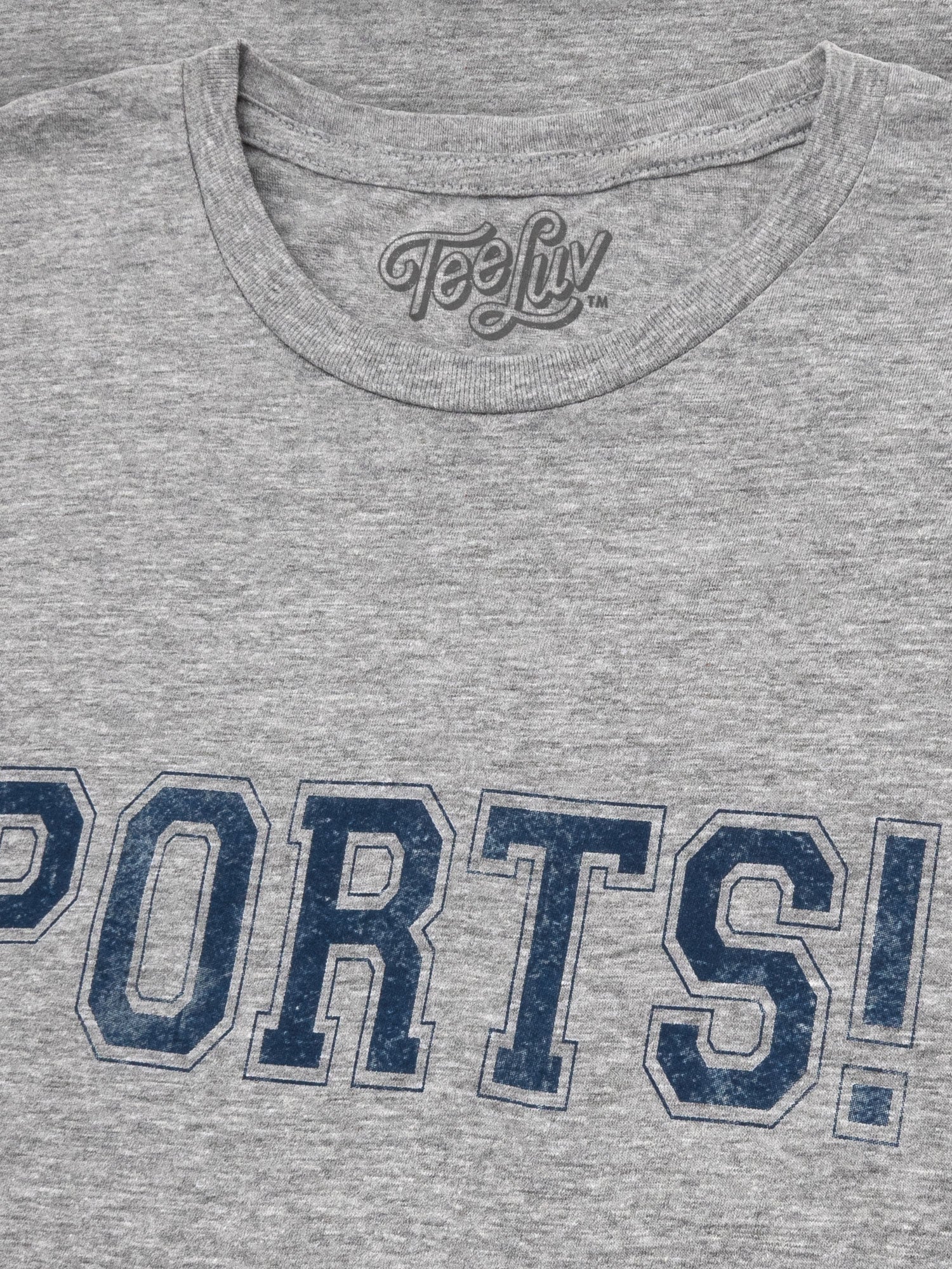 Gray t-shirt with blue 'SPORTS!' text and 'TeeLily' branding.