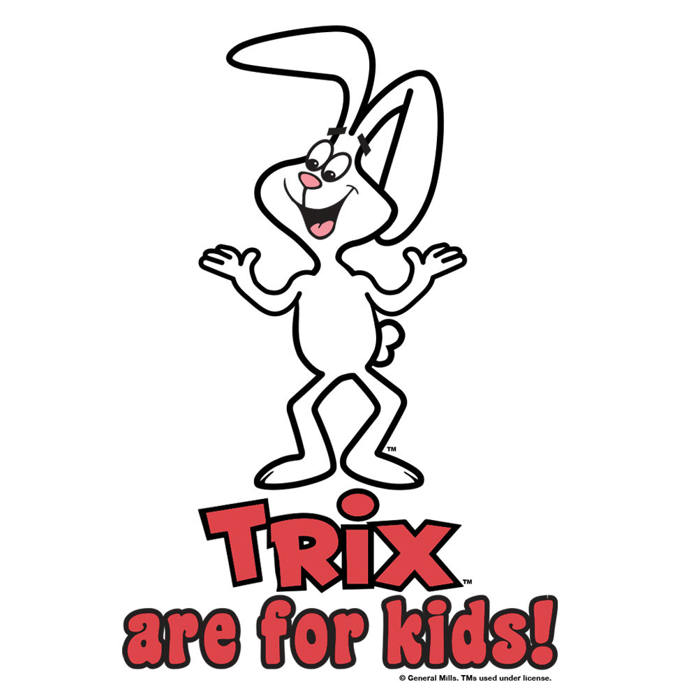 Cartoon rabbit character with 'Trix are for kids!' text on a white background
