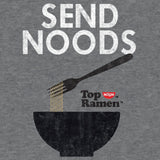 Gray t-shirt with 'Send Noods' text and Top Ramen logo on a dark gray background