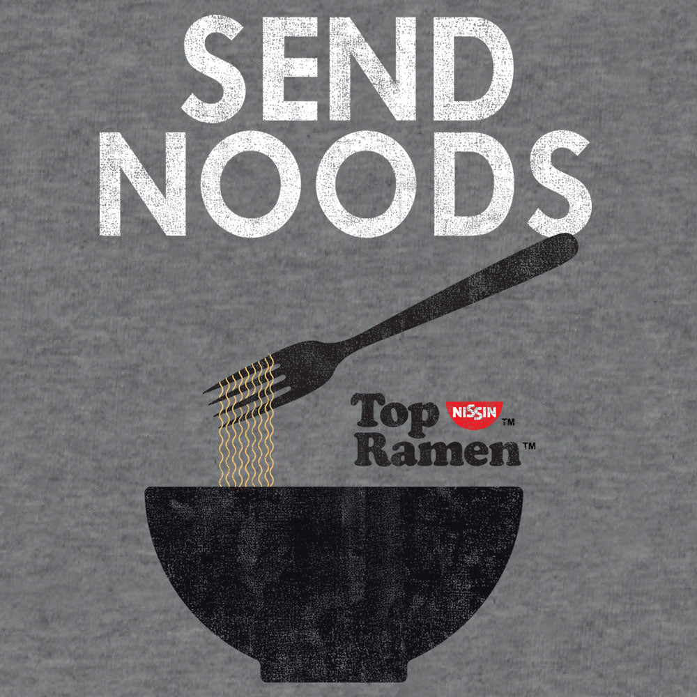 Gray t-shirt with 'Send Noods' text and Top Ramen logo on a dark gray background