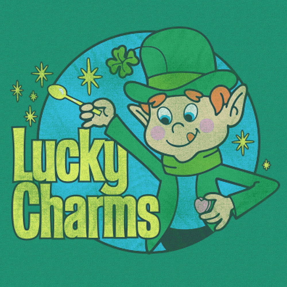 Lucky Charms logo with a cartoon character on a green background