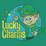 Lucky Charms logo with a cartoon character on a green background