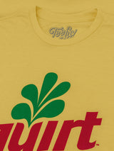 Yellow t-shirt with green leaf logo and red text on a yellow background