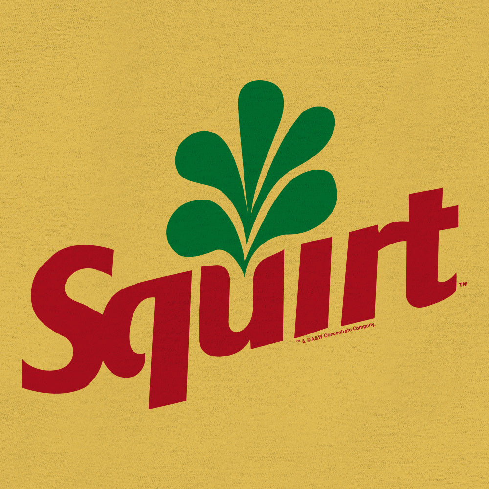 Squirt logo with green leaves and red text on a yellow background