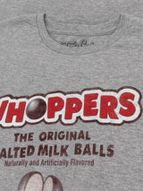 Gray t-shirt with Whoppers candy logo and text on a gray background
