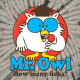 Cartoon owl character with blue glasses and red background on a tie-dye shirt.