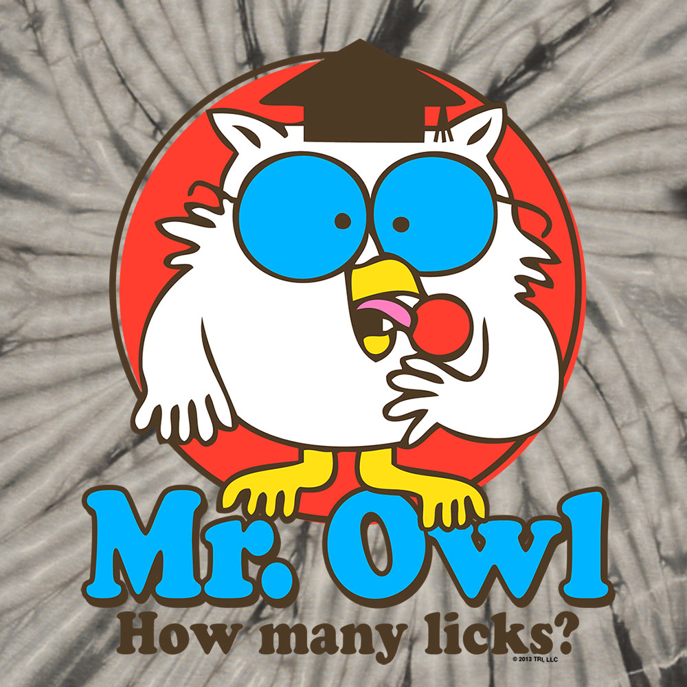 Cartoon owl character with blue glasses and red background on a tie-dye shirt.