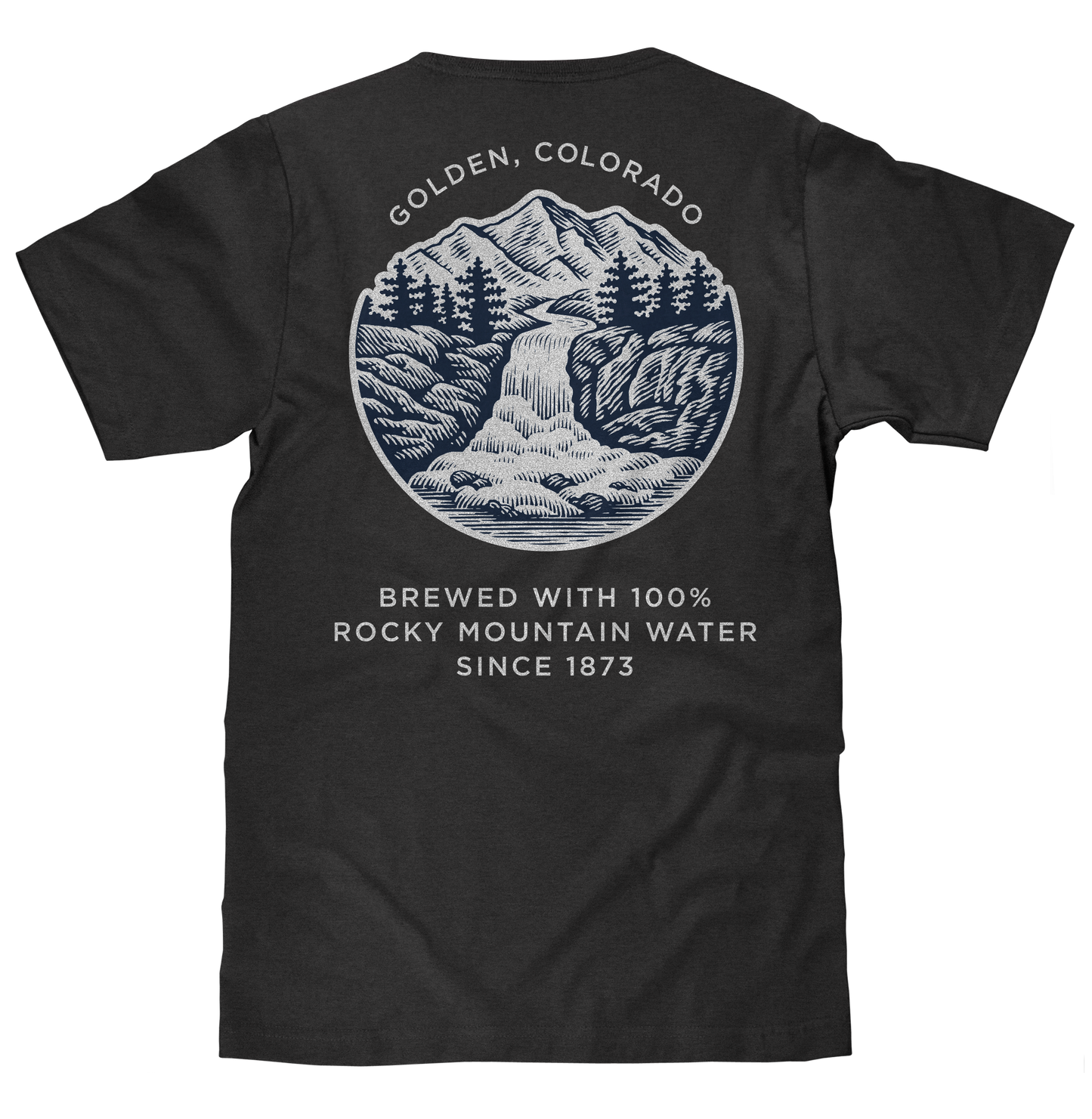 Black t-shirt with a mountain graphic and text on the back