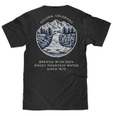 Black t-shirt with a mountain graphic and text on the back