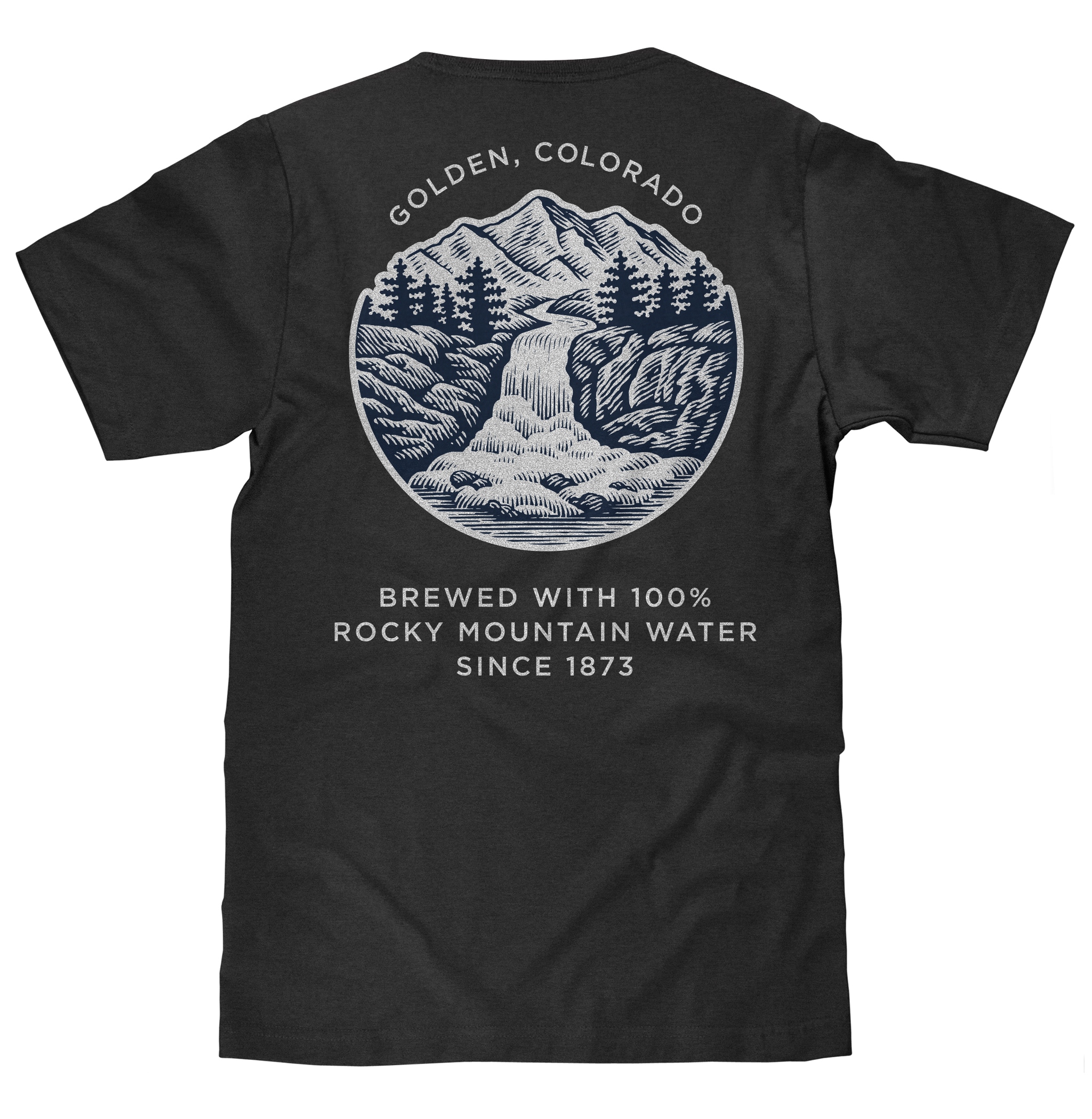 Black t-shirt with a mountain graphic and text on the back