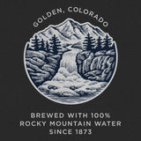Logo of a mountain scene with text 'Golden, Colorado' and 'Brewed with 100% Rocky Mountain Water Since 1873' on a black background.
