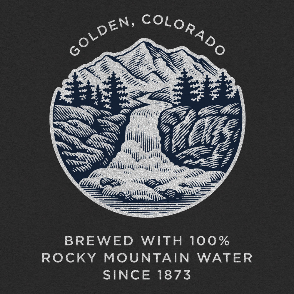 Logo of a mountain scene with text 'Golden, Colorado' and 'Brewed with 100% Rocky Mountain Water Since 1873' on a black background.