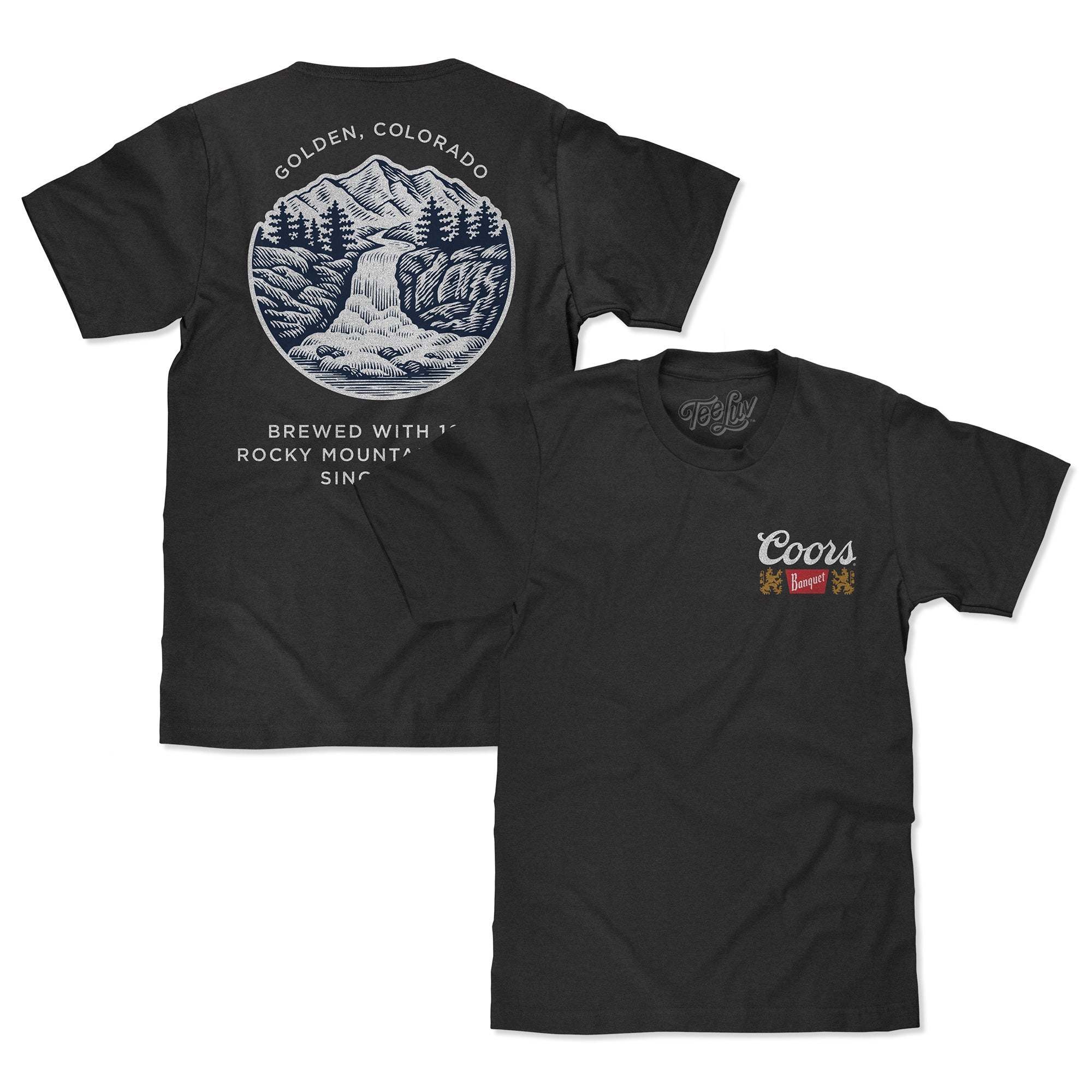 Black t-shirt with Coors logo and mountain graphic on a white background