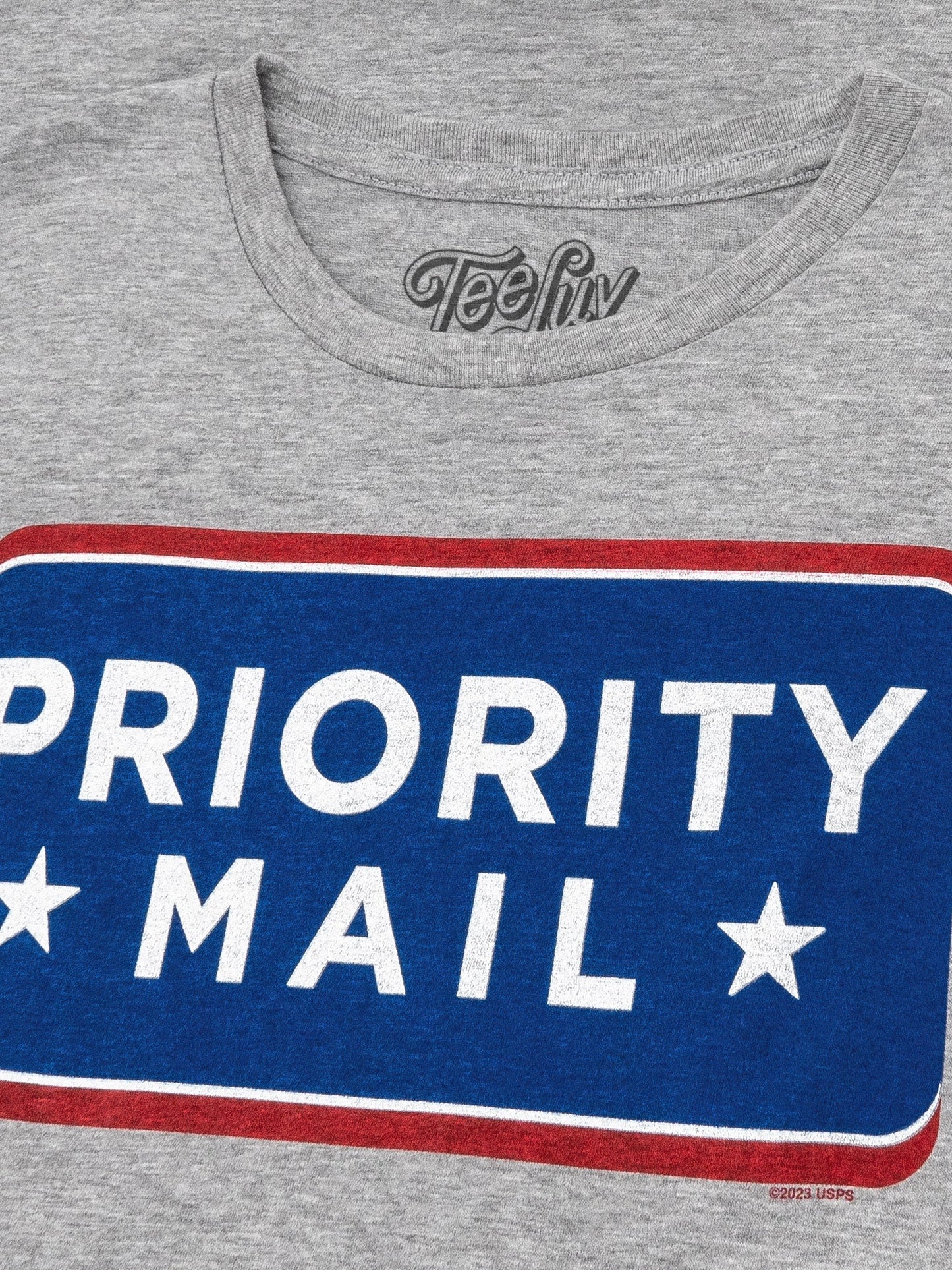 Gray t-shirt with 'Priority Mail' graphic and Teefly logo.