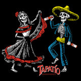 Skeleton couple dancing with Tapatio logo on a black background
