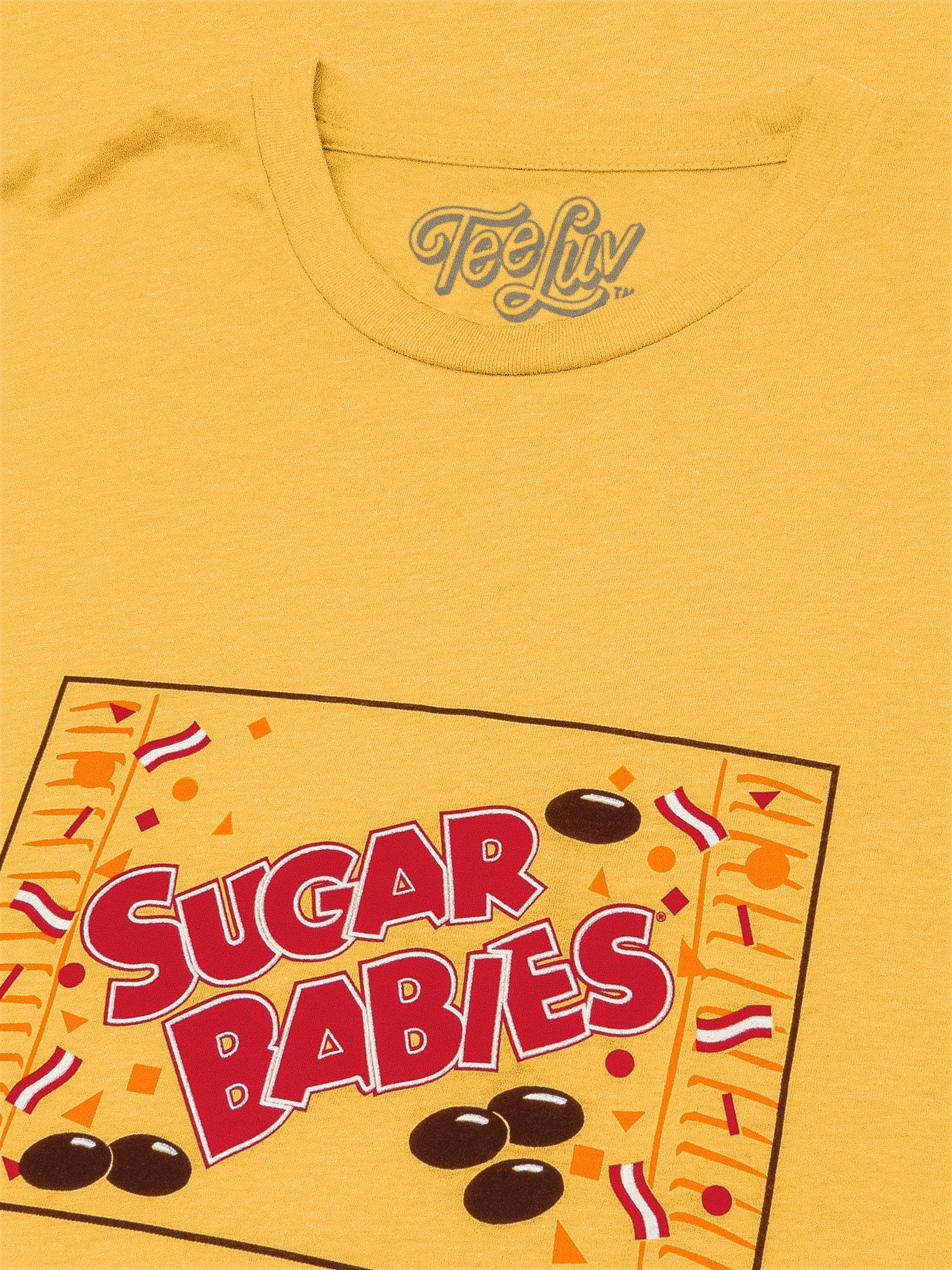 Yellow t-shirt with 'Sugar Babies' graphic design and Teefly logo.