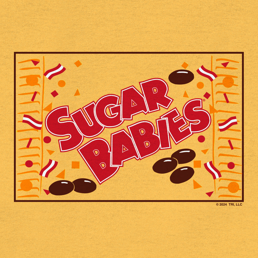 Vintage-style 'Sugar Babies' logo with red text and decorative elements on a yellow background.