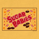 Vintage-style 'Sugar Babies' logo with red text and decorative elements on a yellow background.