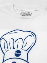 White t-shirt with blue Pillsbury doughboy logo on a white background