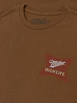 Brown t-shirt with a star-shaped 'Miller High Life' logo on a brown background