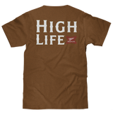 Brown t-shirt with 'HIGH LIFE' text on the back, featuring a logo, against a white background.